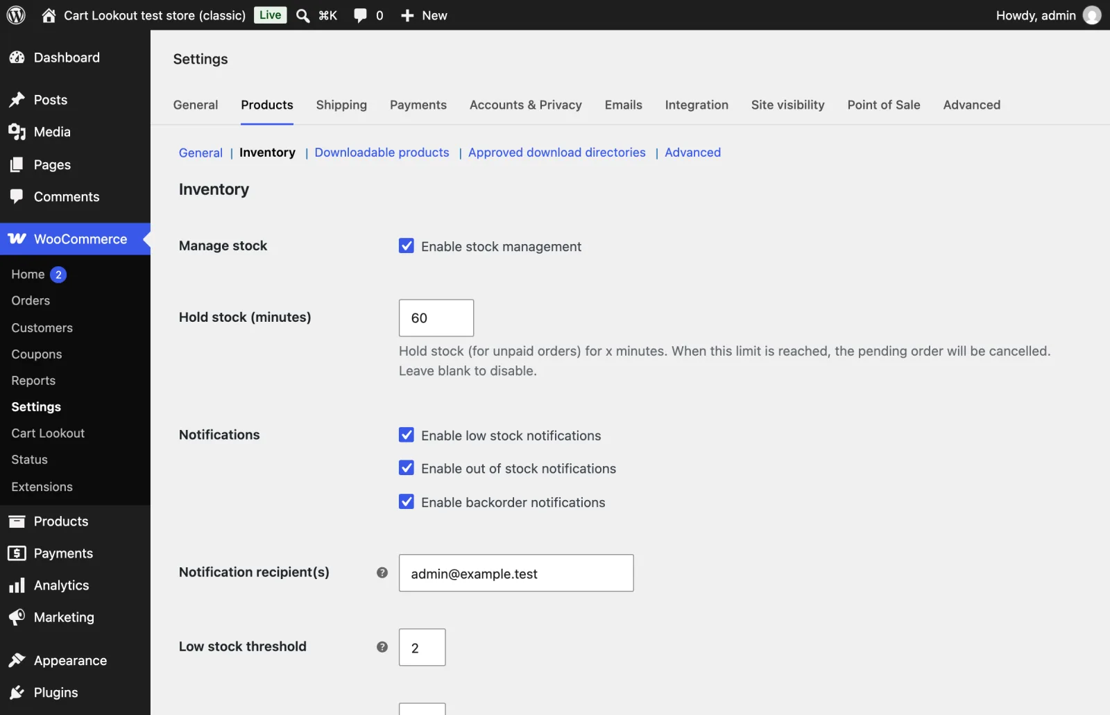 WooCommerce inventory settings with Manage stock ticked and Hold stock set to 60 minutes
