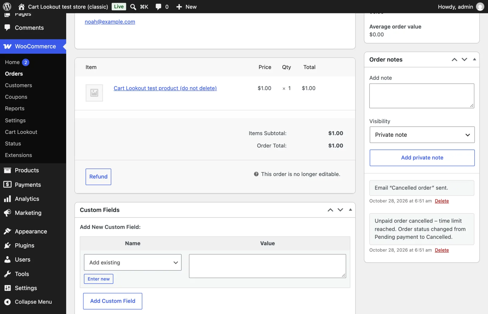 A WooCommerce order page with the Order notes panel showing the unpaid order was cancelled after the time limit