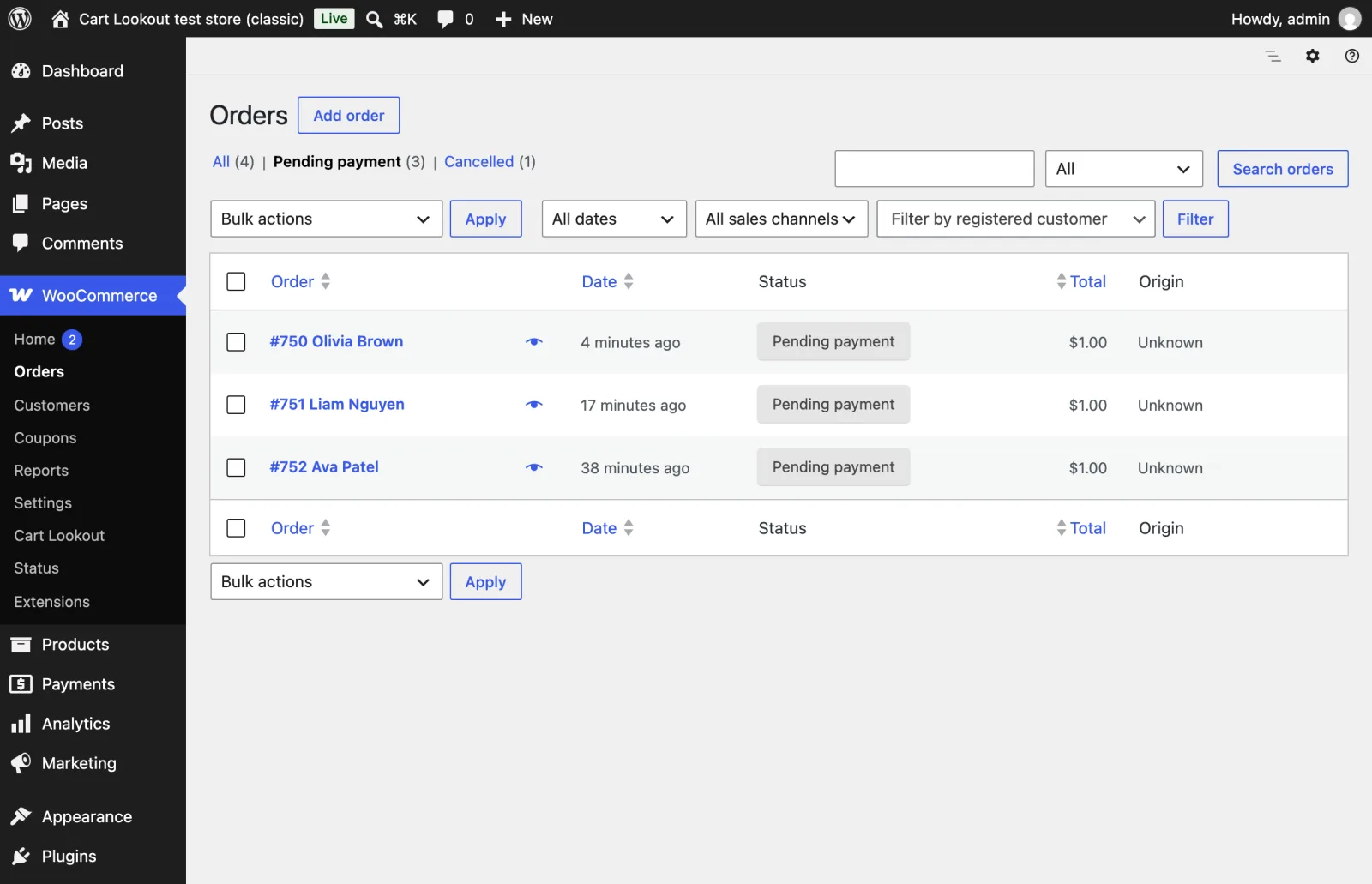 WooCommerce orders list filtered to Pending payment, showing three orders with the Pending payment status