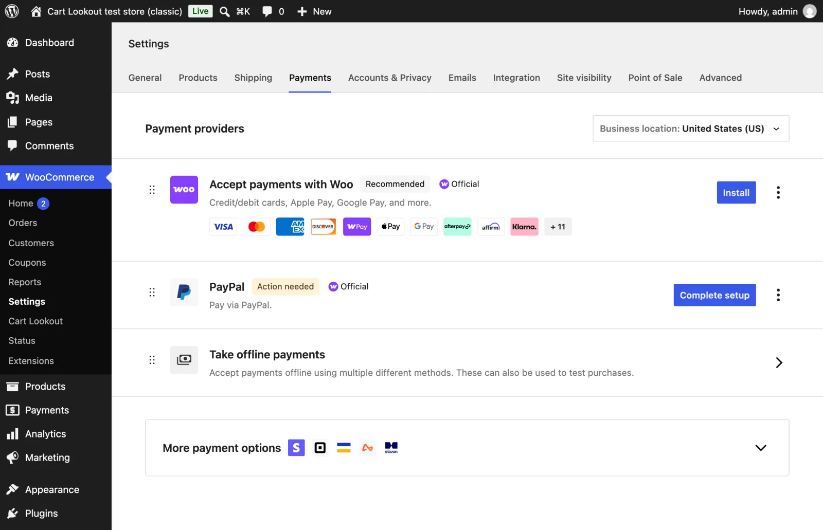 WooCommerce payment providers list with PayPal marked Action needed and a Complete setup button