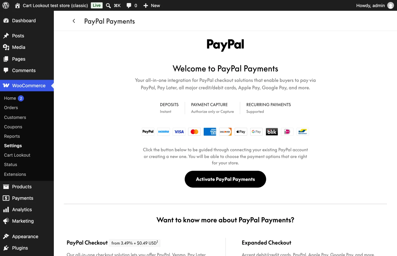PayPal Payments welcome screen with the Activate PayPal Payments button