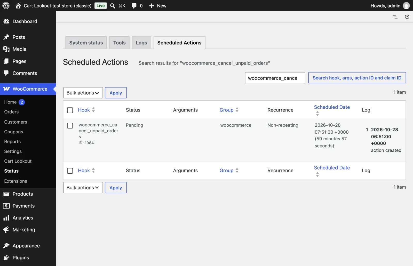 WooCommerce Scheduled Actions screen showing the woocommerce_cancel_unpaid_orders action waiting to run