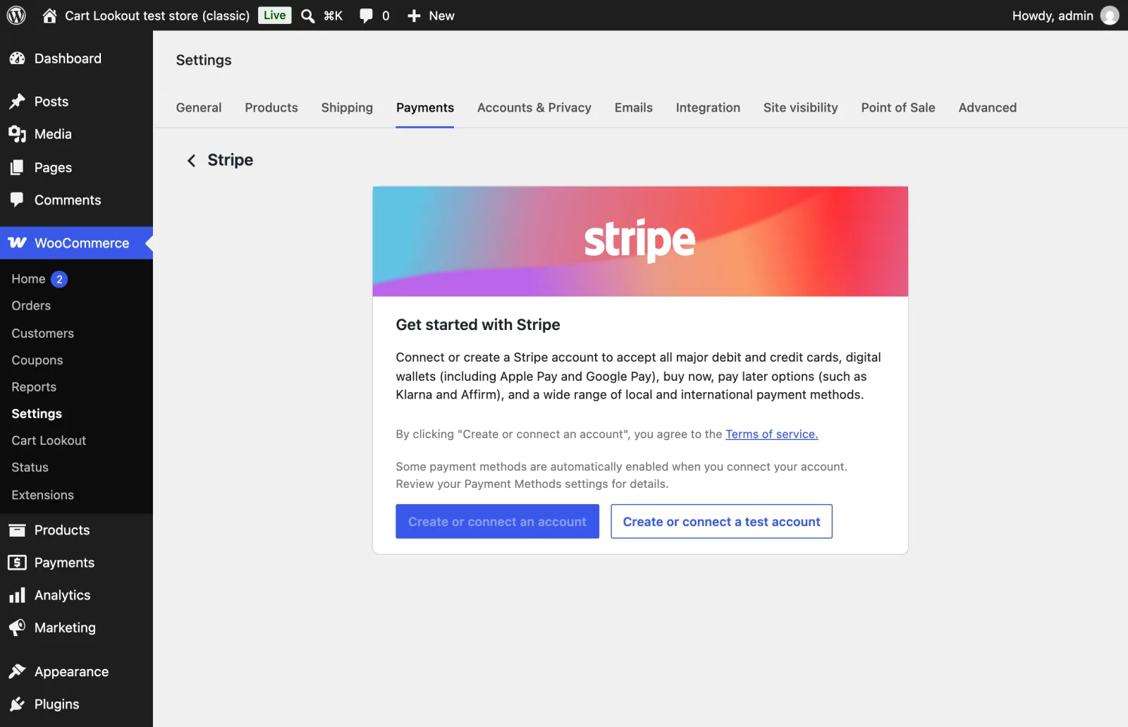 WooCommerce Stripe settings showing Get started with Stripe and the Create or connect an account button