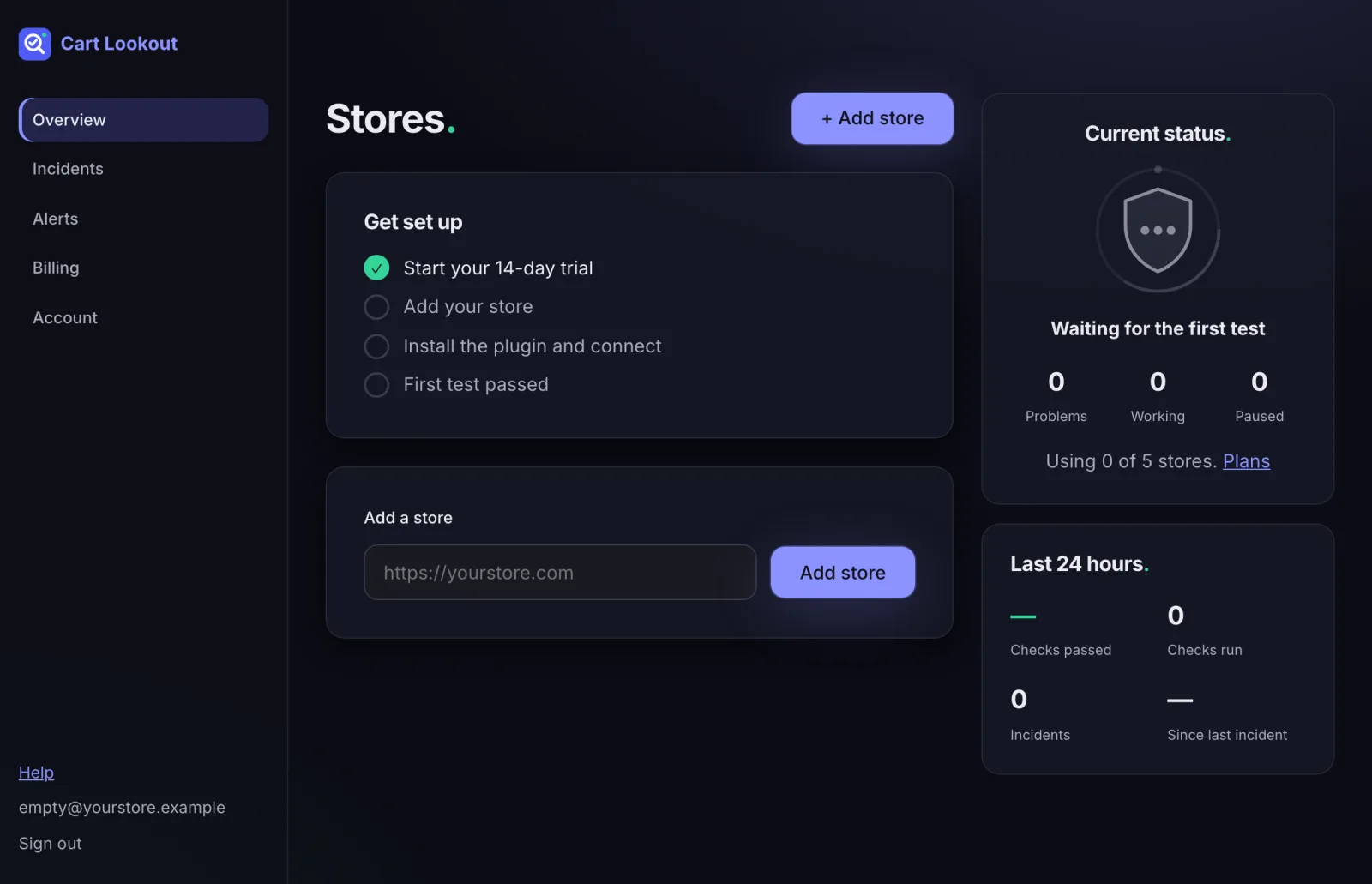 The Cart Lookout dashboard with the setup checklist and the Add a store box