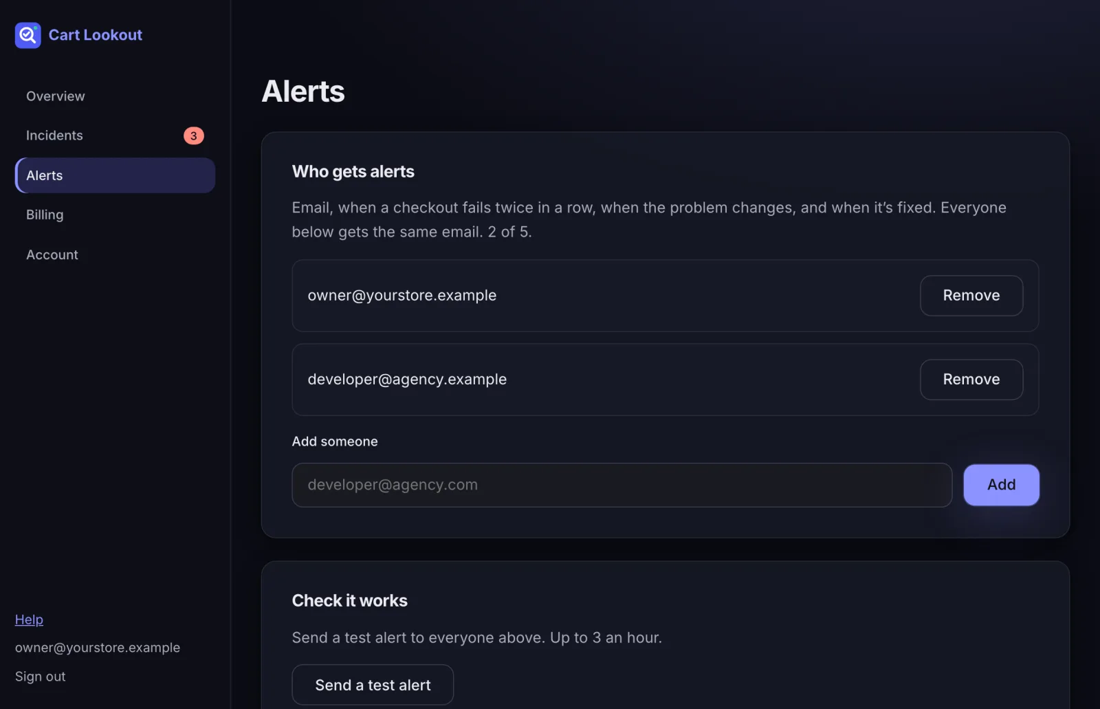 The Alerts page listing two recipients, the Add someone box and the Send a test alert button