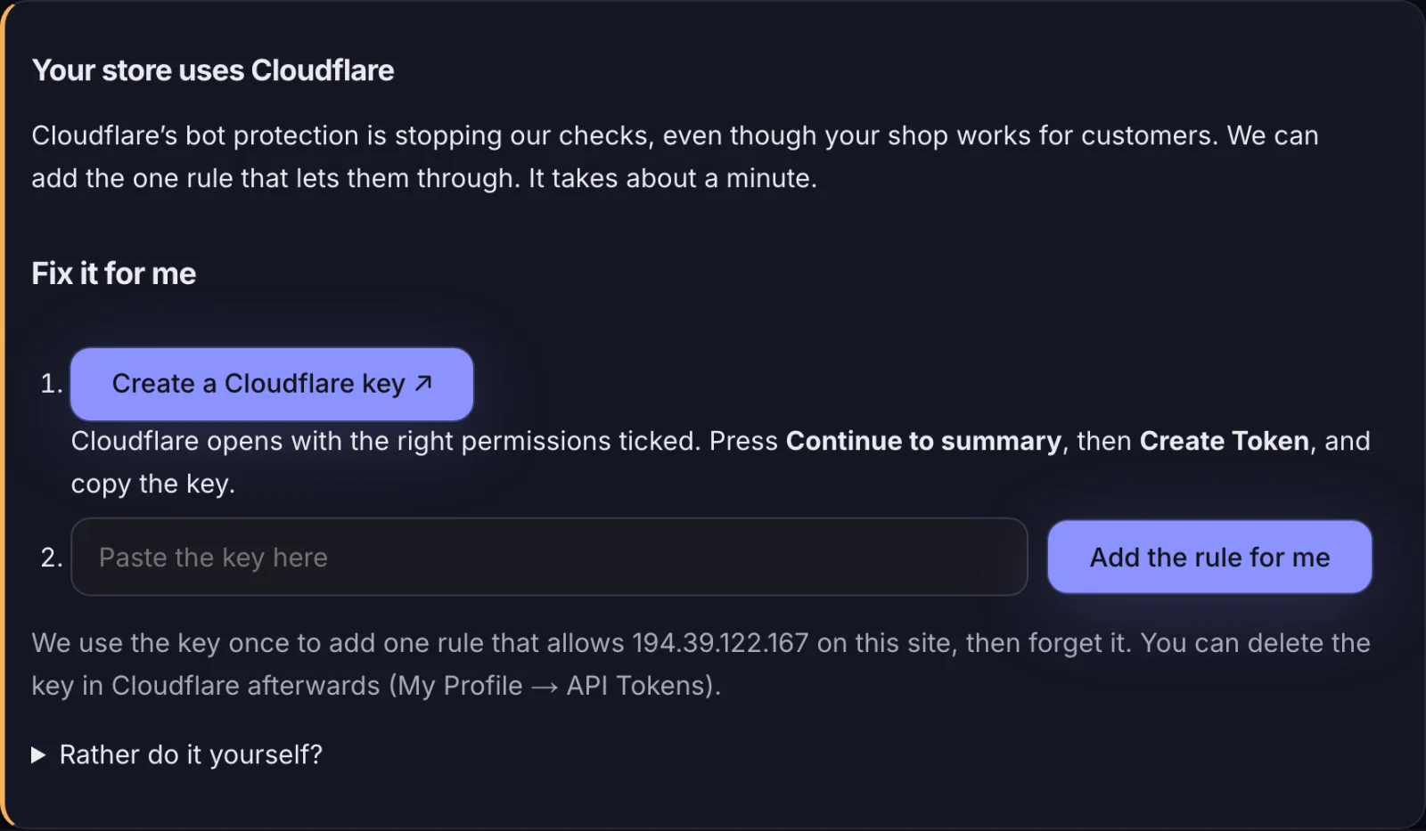 The Fix it for me box on a store page: a Create a Cloudflare key button, a box to paste the key and an Add the rule for me button