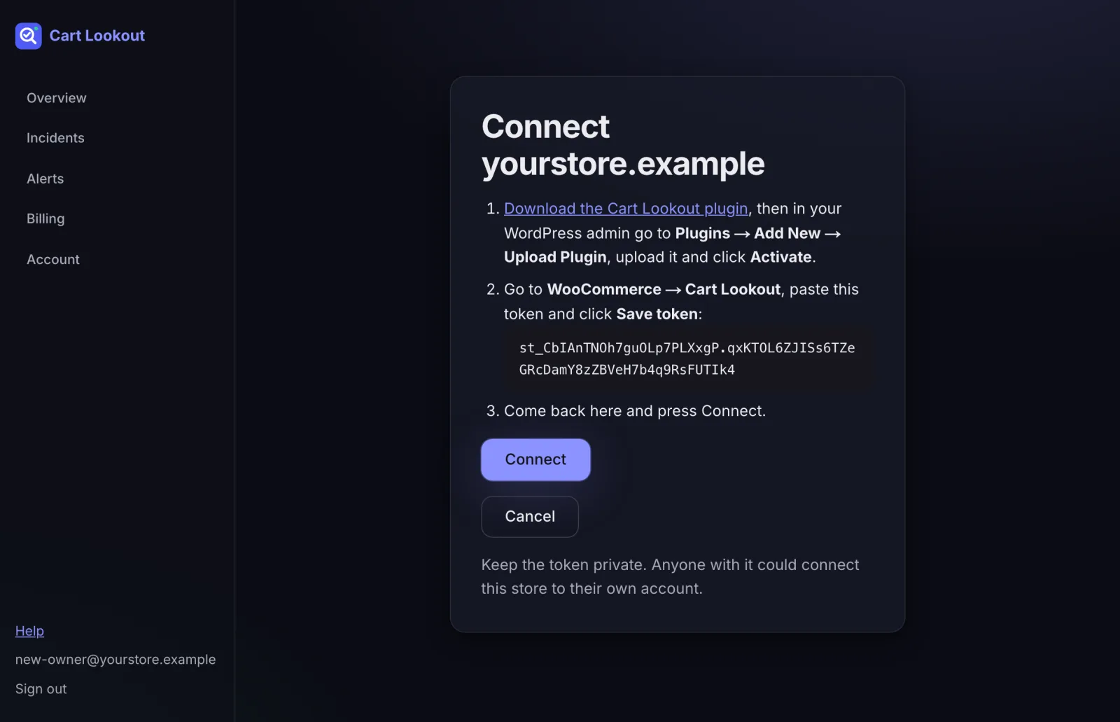 The Connect page with the plugin download link, the connection token and the Connect button