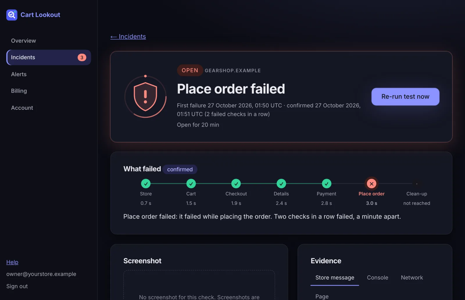 An incident report: Place order failed, with the steps leading up to it and the failed step marked