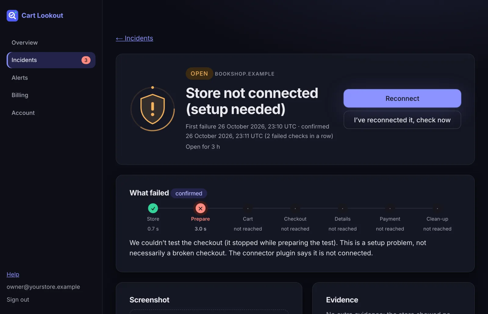 An incident report titled Store not connected (setup needed), stopped at the Prepare step