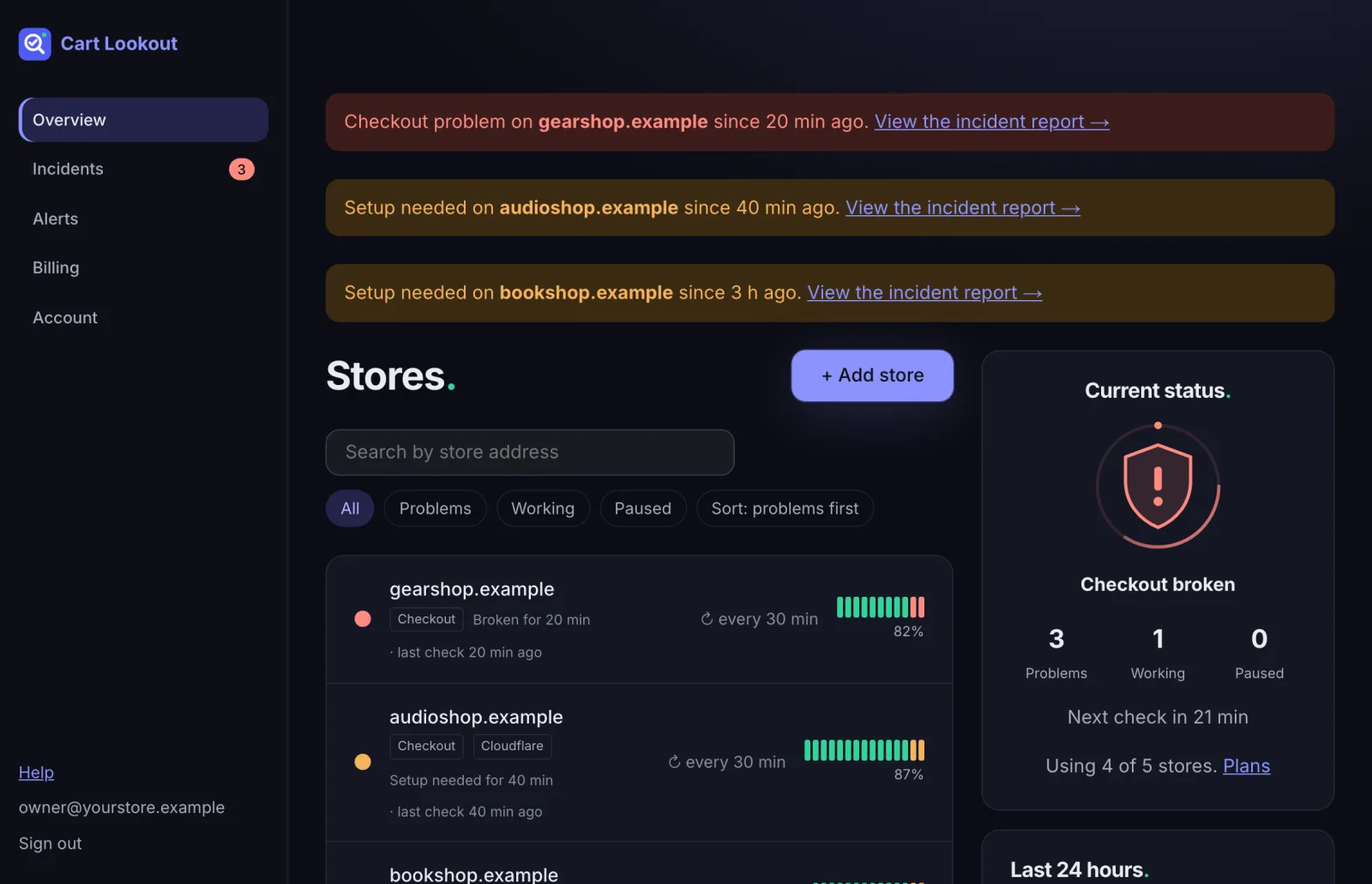 The overview listing stores with their status, check interval and recent results
