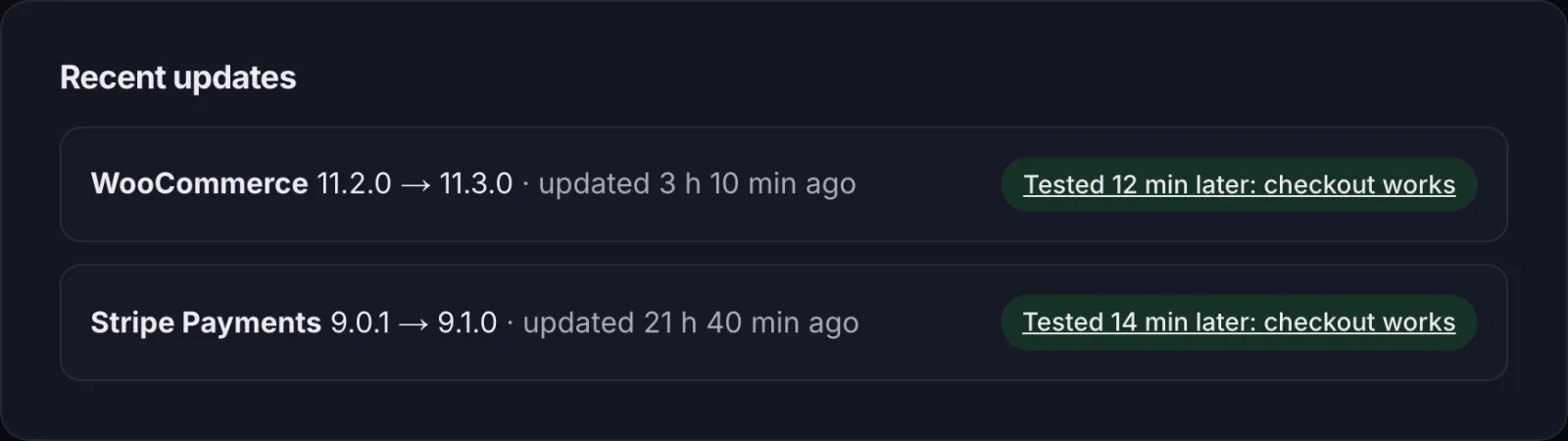 Recent updates on a store page: WooCommerce and Stripe Payments updates, each tested minutes later with the checkout working