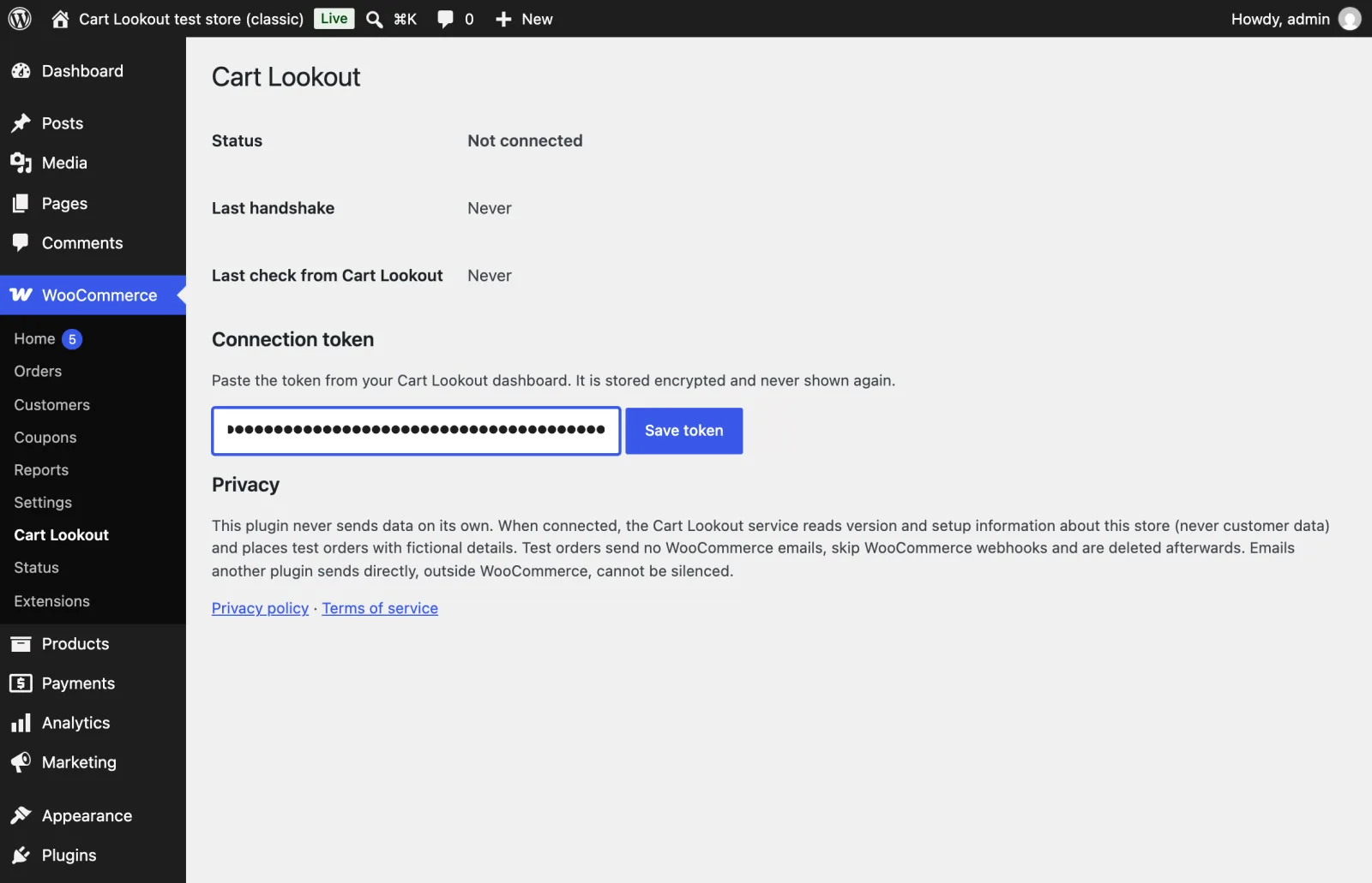 The Cart Lookout plugin settings showing Not connected and the Connection token box