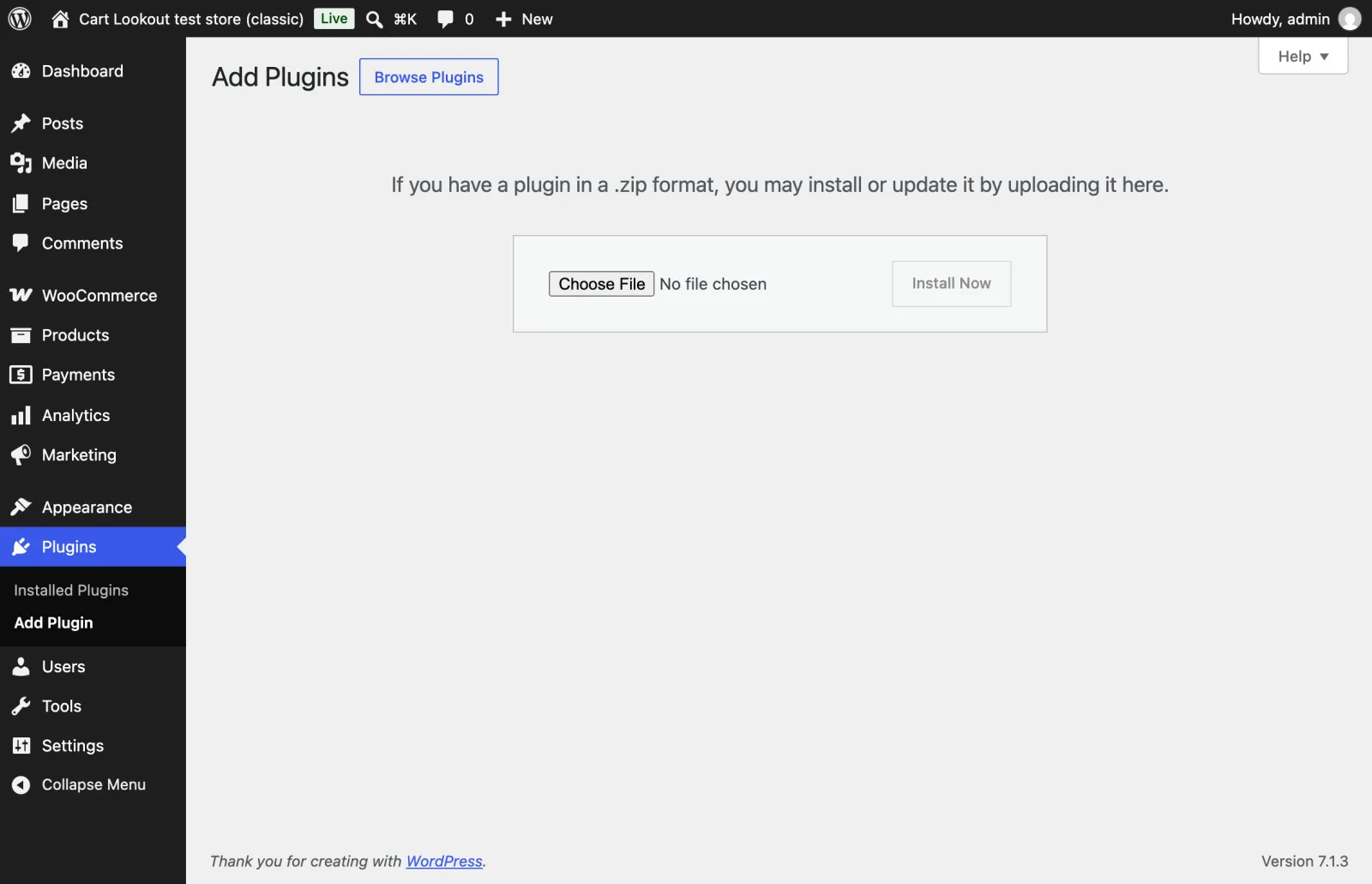 WordPress Add Plugins page with the Upload Plugin box and the Install Now button